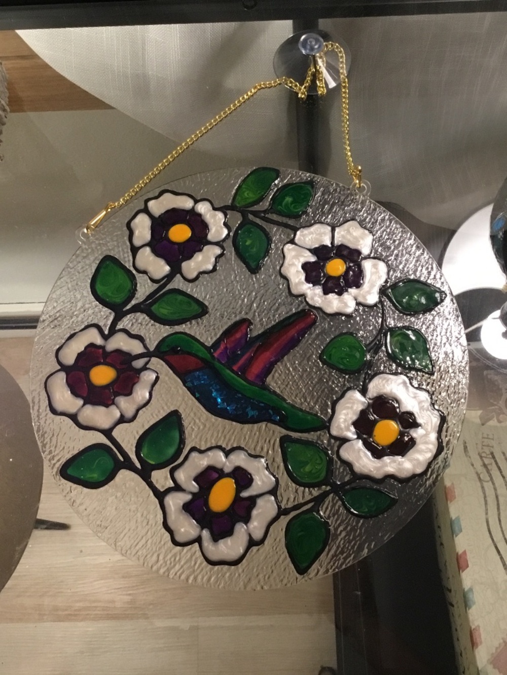 Hand painted Hummingbird and Pansies Sun Catcher - Picture 3 of 3